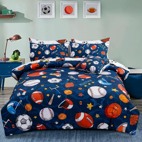 NTBED 6Pcs Bed in A Bag Twin Sports Modern Comforter Set,Navy Rugby Ball Printed Bedding Collections,for Boys Kids Teen