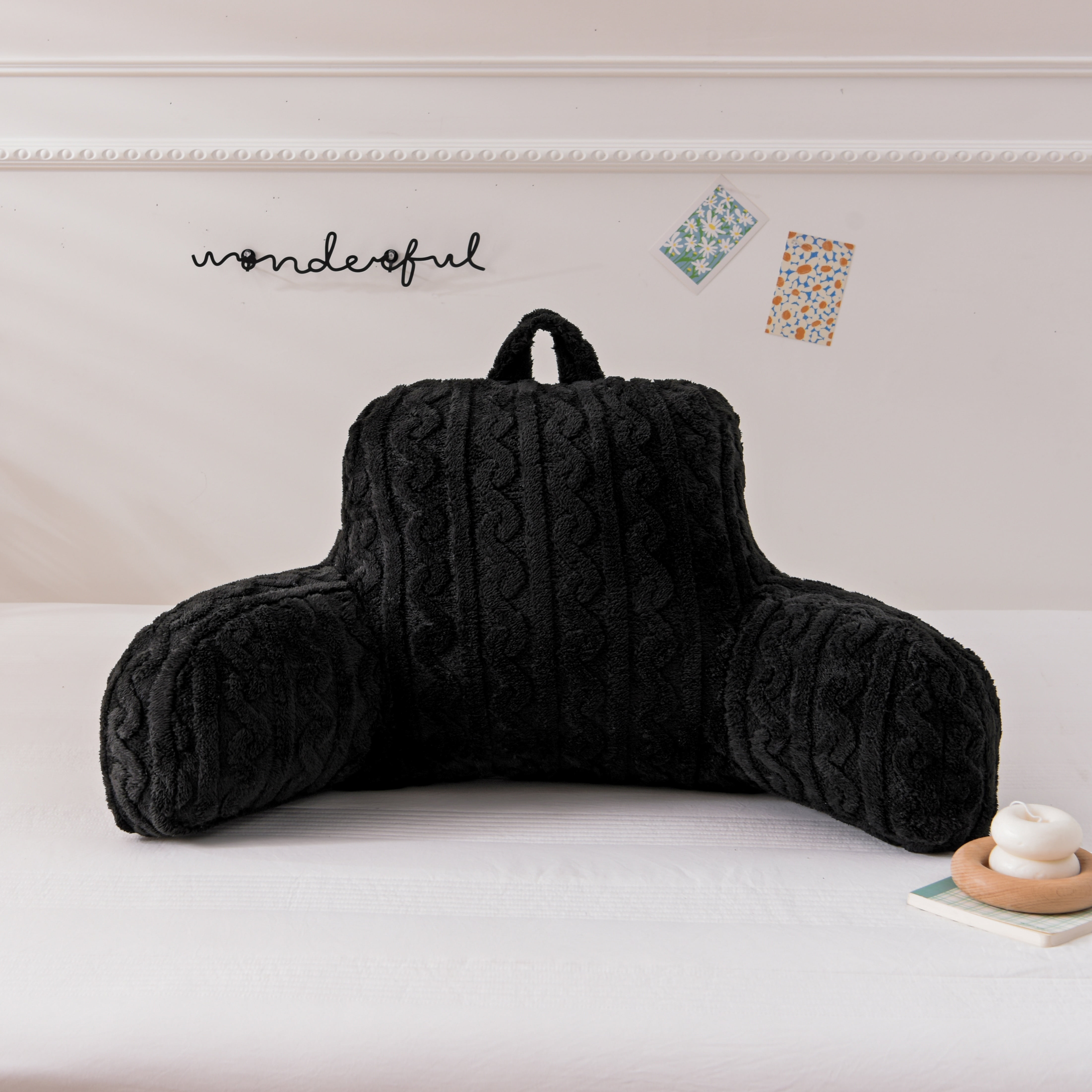 NTBED Black Faux Fur Knit Chic Texture Reading Pillow Sherpa Backrest