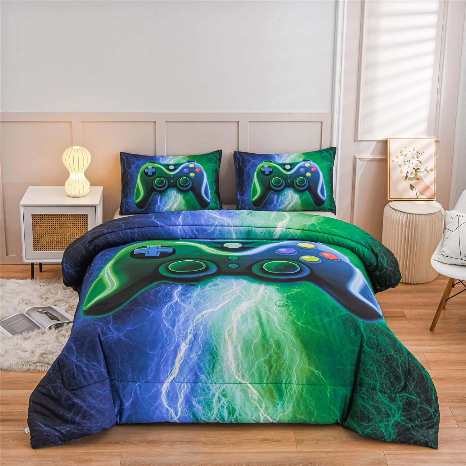 NTBED Blue Green Gaming Bedding Sets Tie Dye Queen Comforter Set for