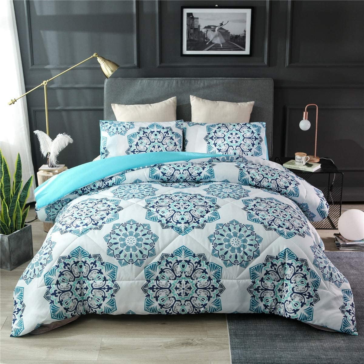 NTBED Bohemian 3-Pieces Teal Aqua Blue Mandala Comforter Bedding Sets, Queen