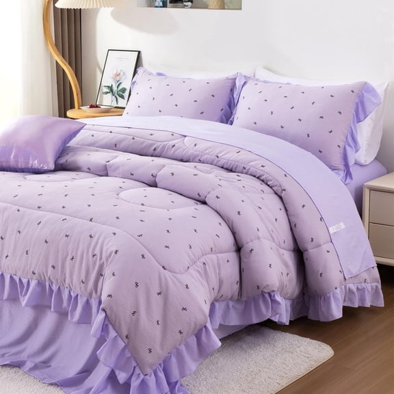 NTBED Delicate Bows Print On Purple Background Bedding Set,Ruffle 6 Piece Bed in a Bag Matching Sheet Set,Princess Style Chic Bowknot Printed,Full