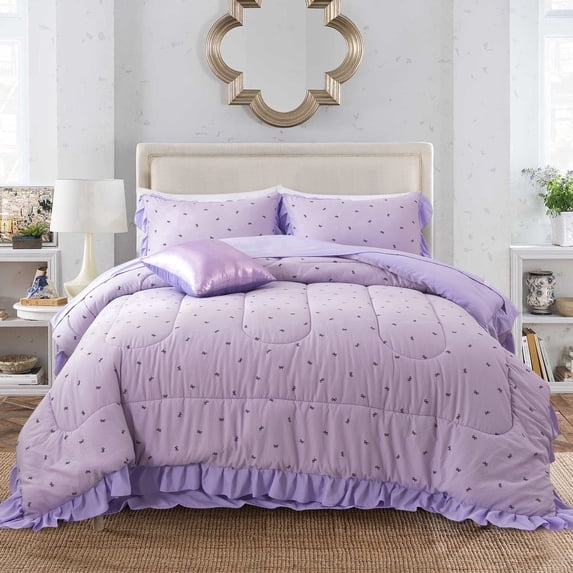 NTBED Delicate Bows Print On Purple Background Bedding Set,Ruffle 6 Piece Bed in a Bag Matching Sheet Set,Princess Style Chic Bowknot Printed,Twin