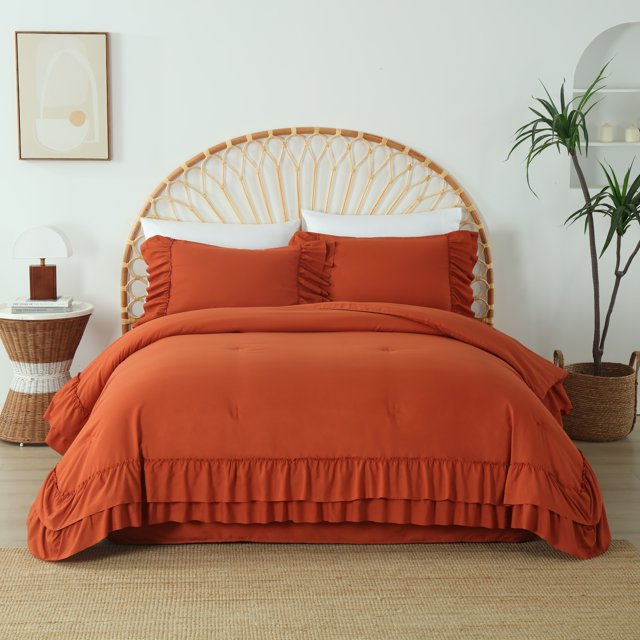 NTBED Farmhouse Ruffled Queen Size Comforter Set Terracotta Lightweight