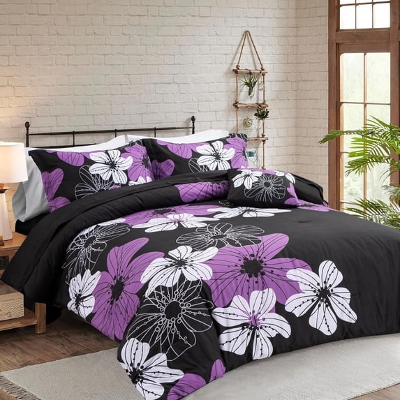 NTBED Floral Comforter Set King 6 PCS Bed in a Bag Purple Flowers Printed on Black Botanical Bedding Sets Boho