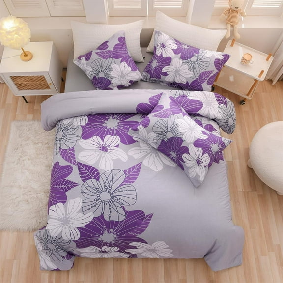 NTBED Floral Comforter Set Queen 6 PCS Bed in a Bag Purple Flowers Printed on Grey Botanical Bedding Sets Boho