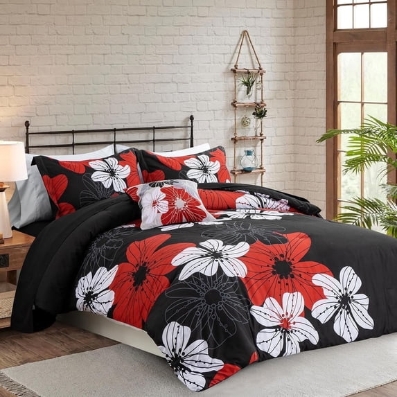 NTBED Floral Comforter Set Queen 6 PCS Bed in a Bag Red Flowers Printed on Black Botanical Bedding Sets Boho