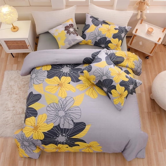 NTBED Floral Comforter Set Queen 6 PCS Bed in a Bag Yellow Flowers Printed on Grey Botanical Bedding Sets Boho
