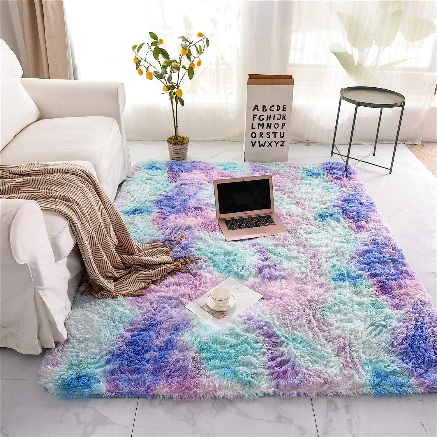 Soft Rainbow Area Rugs for Girls Room, Fluffy Colorful Rugs Cute Floor Carpets Shaggy Playing