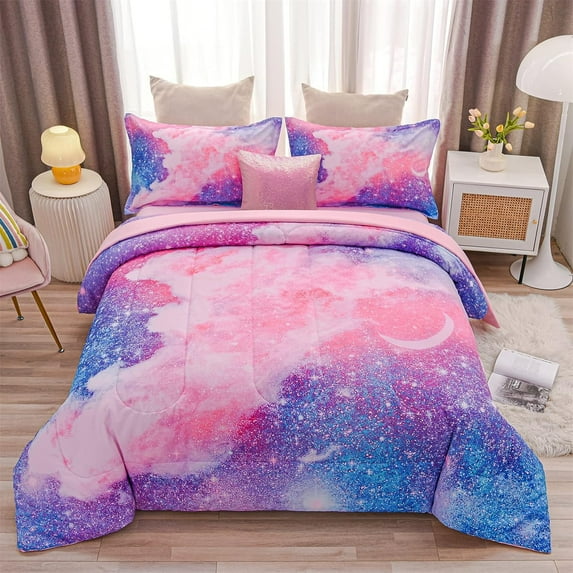 NTBED Galaxy Bedding Sets Outer Space Comforter 3D Printed Space Quilt Set Twin 6Pcs Glitter Pink for Children Boy Girl Teen Kids