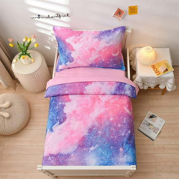 NTBED Galaxy Space Planet with Star Glitter Toddler Bedding Set Pink Comforter Flat Sheet Fitted Sheet and Pillowcase