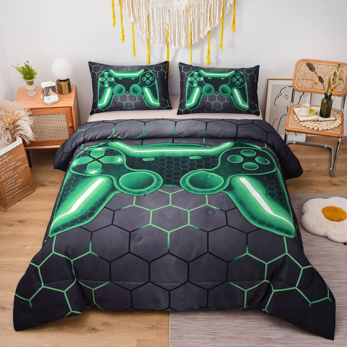 NTBED 3D Game Console Comforter Set, Full Size, Geometric Design, Green for Kids