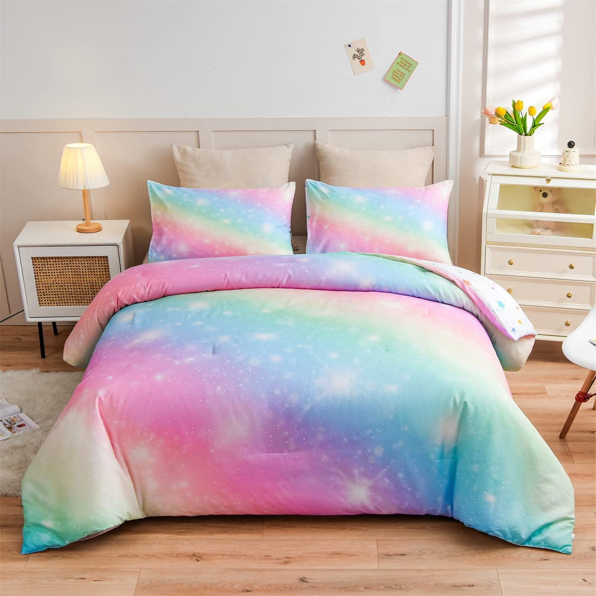 NTBED Gradient Glitter Bedding Set for Girls Kids Queen Size Colorful