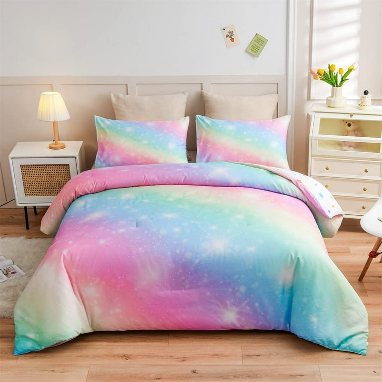 NTBED Gradient Glitter Bedding Set for Girls Kids Twin Size Colorful Rainbow Galaxy Comforter Set Pink Yellow
