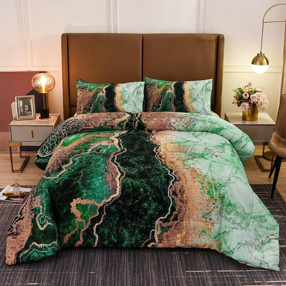 NTBED King Comforter Set Marble Printed Bedding Set Retro Style Watercolor Green