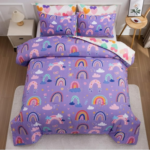 NTBED Lightweight Soft 3 Piece Rainbow Comforter Set with 2 Pillow Covers, Cartoon Love Hearts Flowers and Sun Star Bedding Set for Girls Boys Kids, Twin Dark Purple