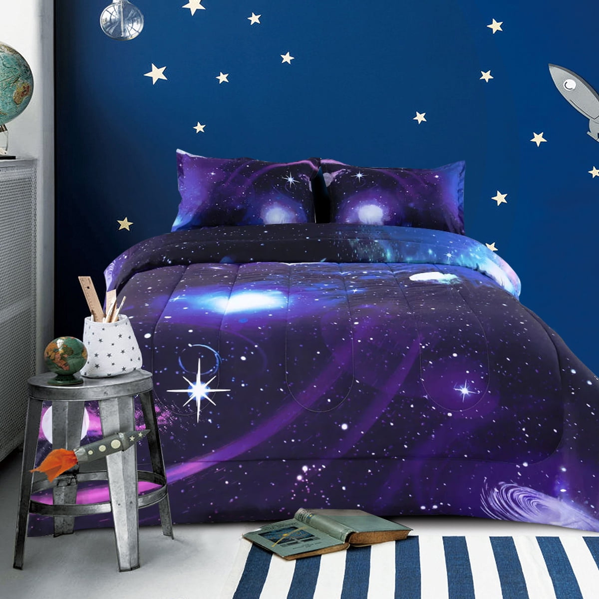 NTBED Purple 3 Pieces Comforter Set Galaxy Bedding Set Twin Size with 2 Matching Pillows