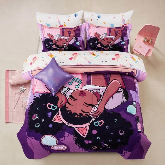 NTBED Purple Comforter Sets,Black Girl Listening Music Printed, 6Pcs Bed in A Bag Full Size All Seasons Bedding Set,for Kids, Girls