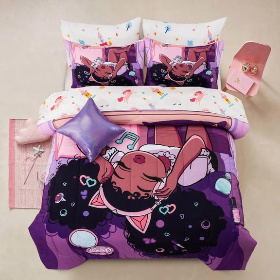 NTBED Purple Comforter Sets,Black Girl Listening Music Printed, 6Pcs Bed in A Bag Twin Size All Seasons Bedding Set,for Kids, Girls
