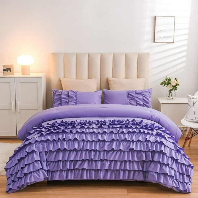 NTBED Purple Ruffle Comforter Set Full Size Multi-Layers Ruffled Shabby Chic Bedding Set for Girls Women
