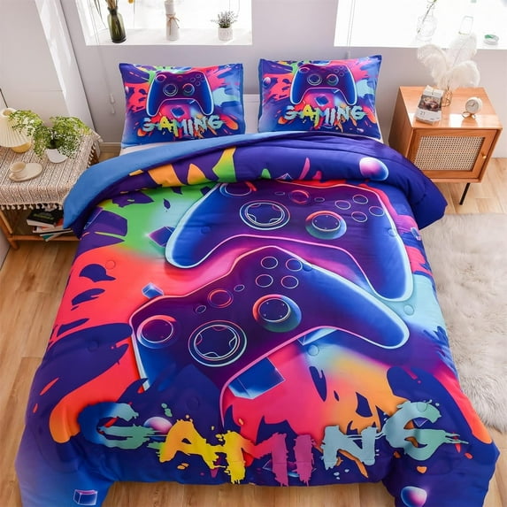 NTBED Purple Twin Gaming Comforter Sets for Boys Kids Bedding Sets Colorful Games Console Gamer Quilt Set