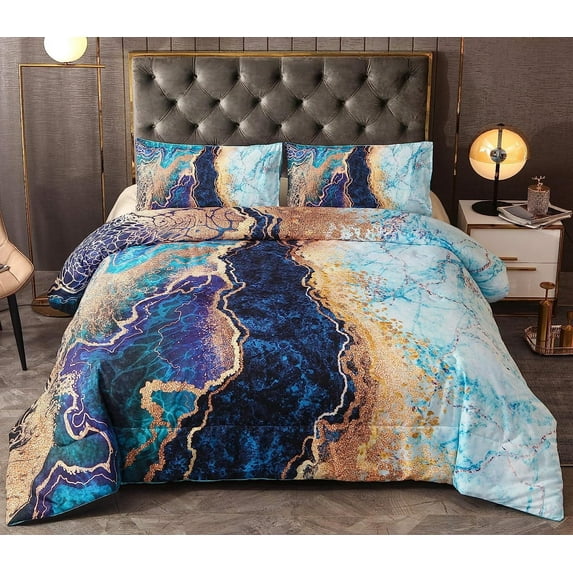 NTBED Queen Comforter Set Marble Printed Bedding Set Retro Style Watercolor Blue