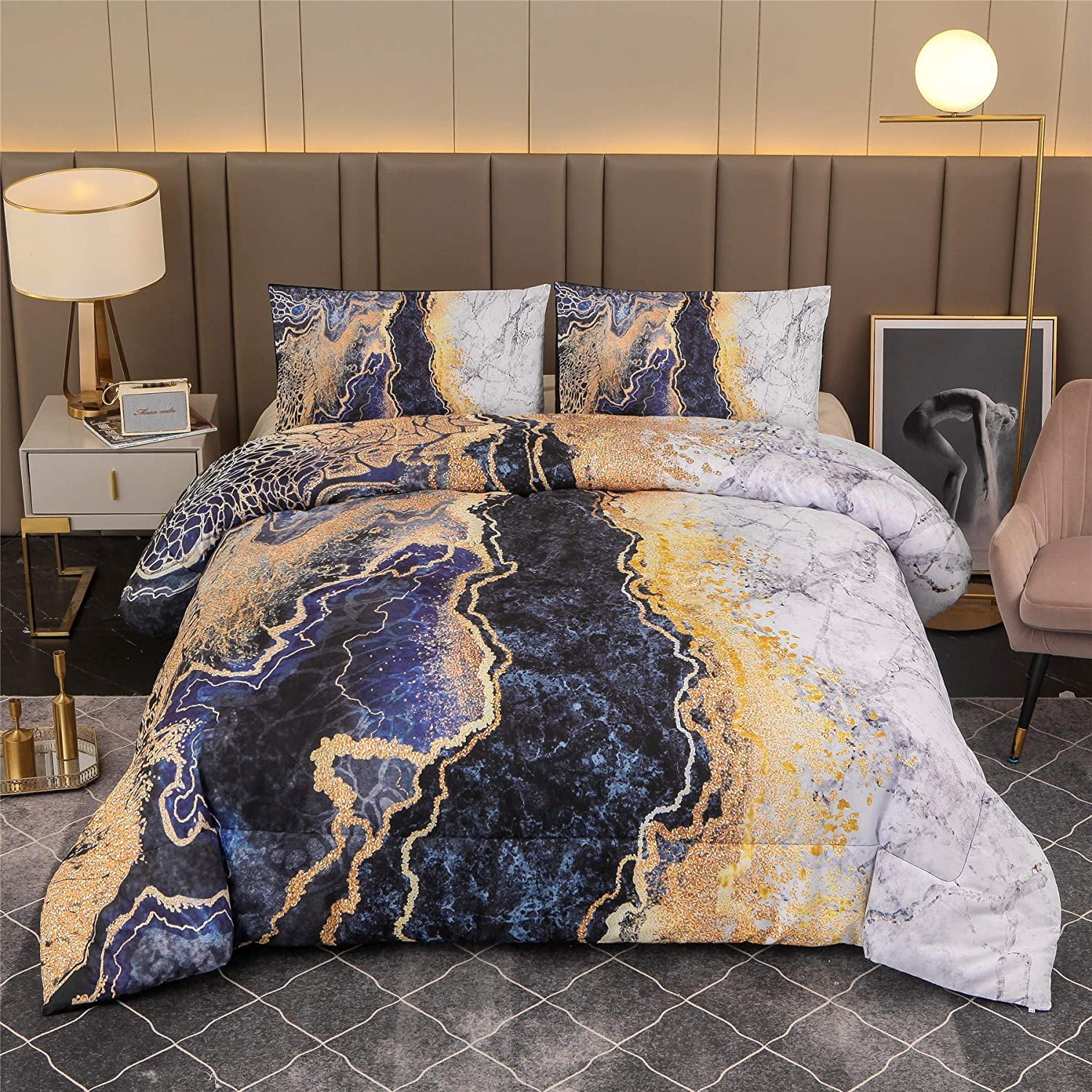 NTBED Queen Comforter Set Marble Printed Bedding Set Retro