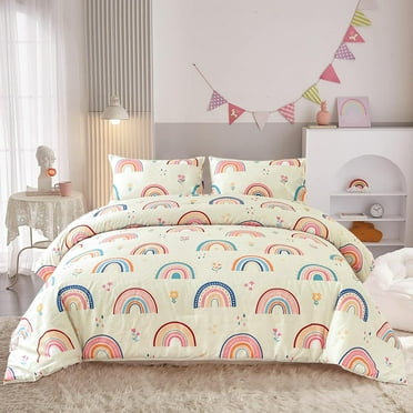 NTBED Rainbow Comforter Set with 2 Pillow Covers Cartoon Love Hearts Flowers and Grass Bedding Set for Girls Boys Kids Twin Multi-Color 3 Pcs