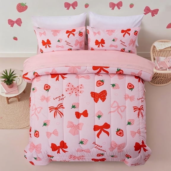 NTBED Red Bow Comforter Set,6 Piece Bed in a Bag Matching Sheet Set,Cute Ribbon Bowknot Bedding Sets,Princess Style Strawberry Printed,Light Pink Room Decor for Girls,Twin