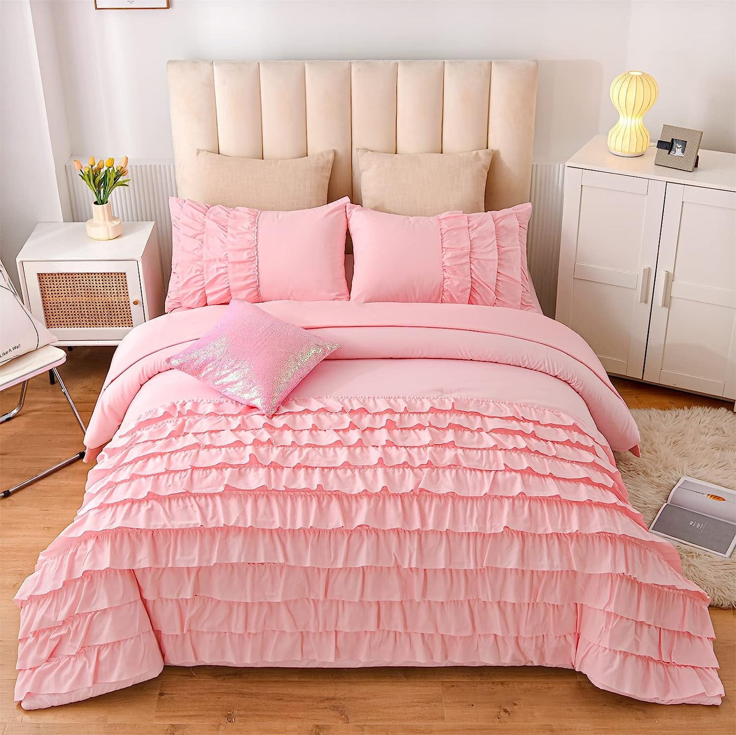 NTBED Ruffled Full Size Pink Comforter Set Casual Textured Chic