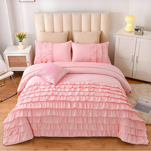 NTBED Chic Ruffled Twin Size Comforter Set for Teens Girls Kids, Pink