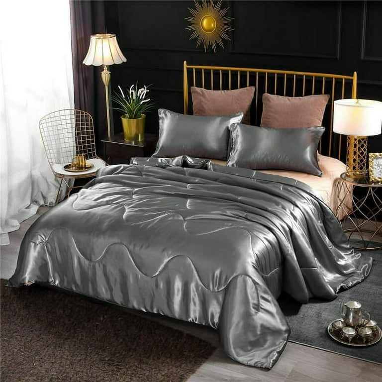 NEW 3pcs hot Satin Silky Bedding Comforter Set, Bed Sets Queen Black Soft Comforter