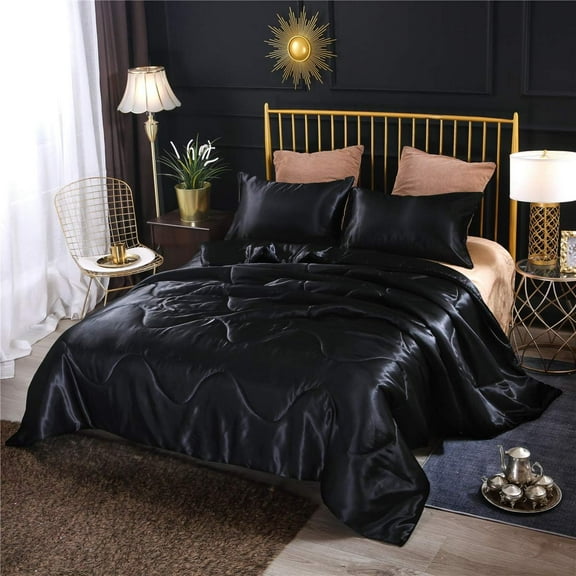NTBED Silky Satin Comforter Set Queen Black Luxury Wave Quilted Bedding Set with 2 Pillow Covers