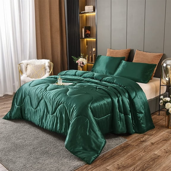 NTBED Silky Satin Comforter Set Queen Green Luxury Wave Quilted Bedding Set