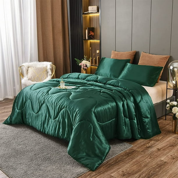 NTBED Silky Satin Comforter Set Queen Green Luxury Wave Quilted Bedding