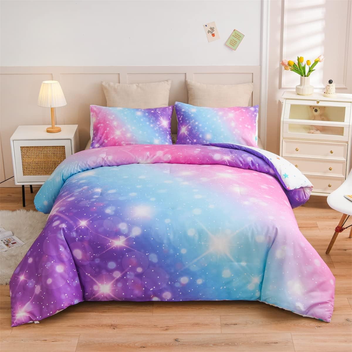 NTBED Space Star Glitter Comforter Set for Kids Girls Ombre Blue Purple