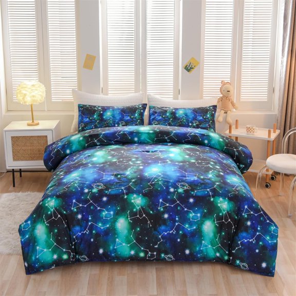 NTBED Tie Dye Constellation Ombre Comforter Set Twin Size Gradient Galaxy Bedding Set for Kids Girls Boys Black and Green 3Pcs