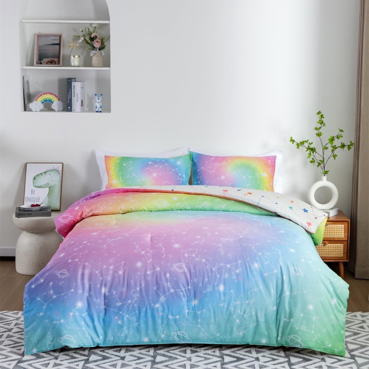 NTBED Tie Dye Constellation Rainbow Ombre Comforter Set Twin Size Gradient Galaxy Bedding Set for Kids Girls Boys Pink Green 3Pcs