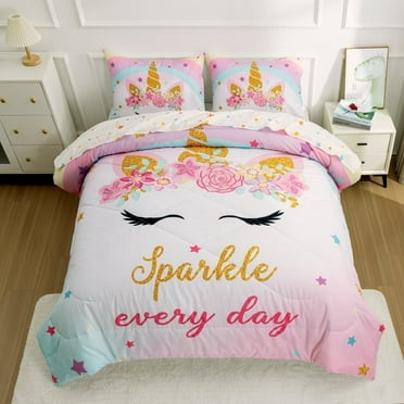 NTBED Unicorn Twin Comforter Set 5 Pieces Kids Bedding Sets for Girls Star Rainbow Bed in a Bag