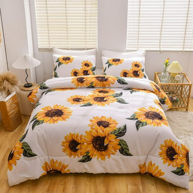 NTBED Queen Size Sunflower Comforter Set, 3PCs Microfiber Yellow