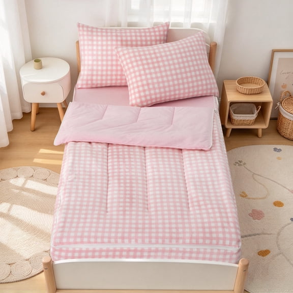 NTBED Zipper Bedding Twin Zip Up Pink Bedding Set for Girls and Kids Checked Plaid Comforter Set