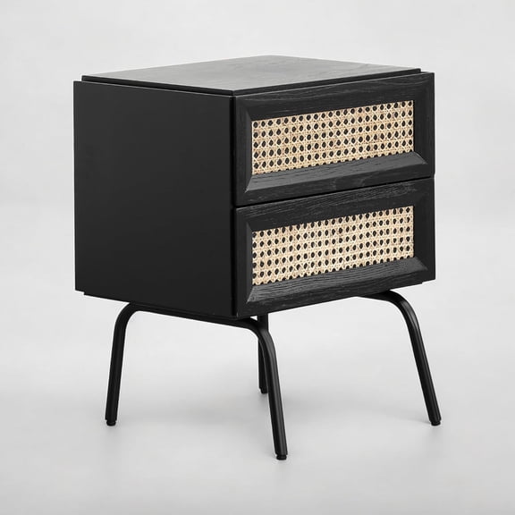 NTC Solid Oak Drawer Face Lulu Nightstand with Natural Rattan Drawer, Mid-Century Side Table for Bedroom, Bedside Furniture, End Table – Waterproof, Heat Resistant, Easy to Assemble – Burnt Black