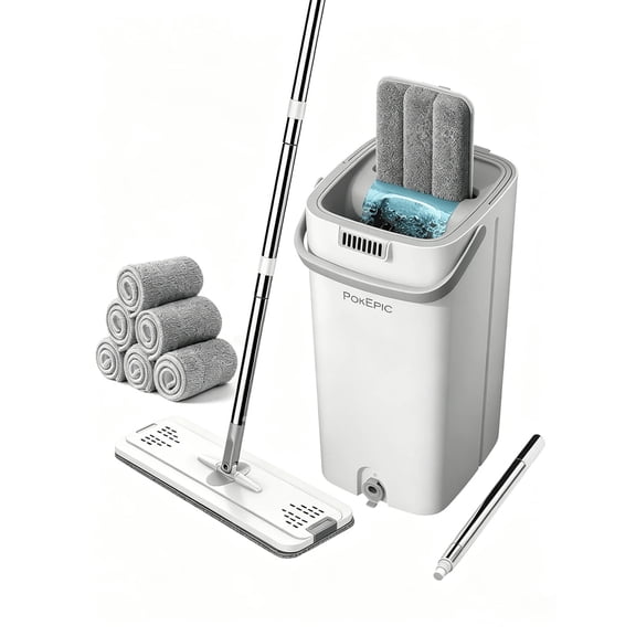 NTGFU 1 Mop + 1 Bucket + 6 Mop Cloths Upgrade Mop And Bucket With Wringer Set, Flat Floor Cleaning Mop System With 6 Reusable Microfiber Pads, Wet Dry Household Cleaning Tool, Durable Floor Mop