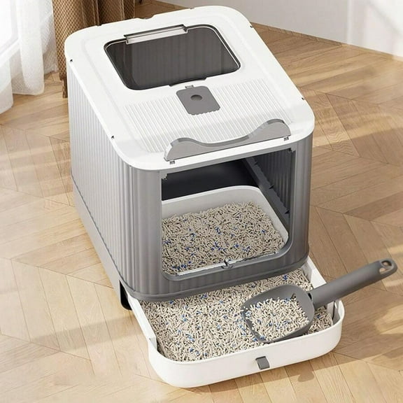 NTGFU 1 Piece Of Extra-Large Cat Litter Box with Front-Loading Drawer, Top Cover, Fully Enclosed Double Door, Purple Light Intelligent Sterilization and Deodorization,Suitable for Cats 44 Pounds,Grey