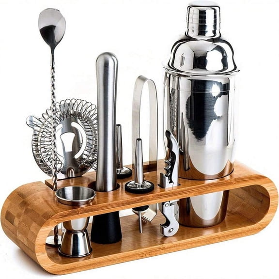 NTGFU 10 Piece Premium Bartender's Set with Bamboo Stand - Stainless Steel Cocktail Shaker with Bar Tool Set for Home Bar, Perfect Housewarming Gift, Bar Accessories