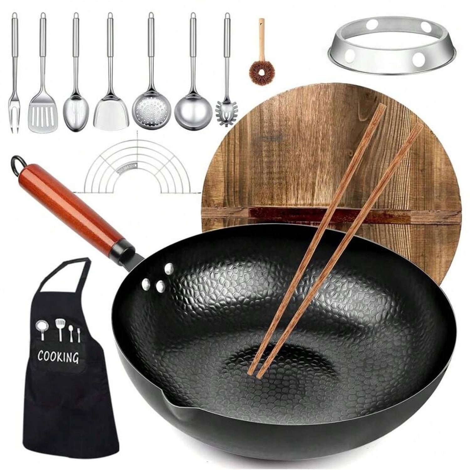 NTGFU 12.6'' Carbon Steel Wok Pan, 14 Piece Stir Frying Pans Set with Wooden Lid & Cookwares, No Chemical Coated Flat Bottom Chinese Woks for Induction