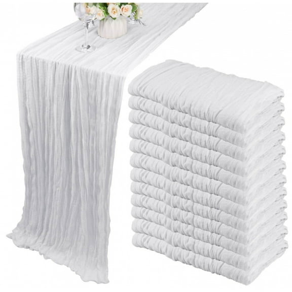 NTGFU 12 Pack 10Ft Cheesecloth Table Runner 35x120 Inch - Boho Gauze Rustic Romantic Decor for Wedding, Bridal Shower, Birthday Party (White)