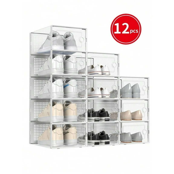 NTGFU 12 Pack XX-Large Shoe Storage Boxes,Fit Size 11,Clear Plastic Stackable Sneaker Containers for Entryway, Space Saving Shoe Rack,Substitute for Drawer Organize Unit, White