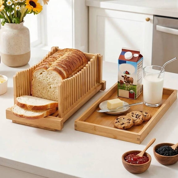 NTGFU 1Pc Wooden Adjustable Bread Slicing Guide, Foldable Rack With Crumb Catcher, With 304 Stainless Steel Scraper, For Toast/Bagels/Cakes/Sourdough, Kitchen Gift