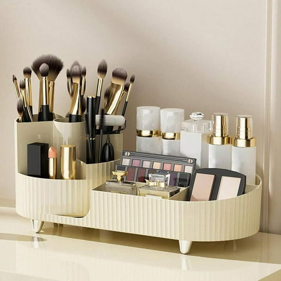 NTGFU 1pc Rotating Makeup Organizer for Vanity with Brush Holder, Cosmetic Makeup Storage Organizer, Large Spinning Makeup Skincare Organizer