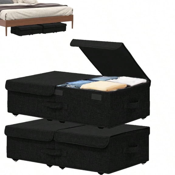 NTGFU 2 Pack Under Bed Storage Container with Wheels, 5" High Deep Underbed Rolling Box Storage Bins Drawers with Lids for Bedroom, Dorms, Clothes, Shoes, Blankets, No Assemble Required, Black